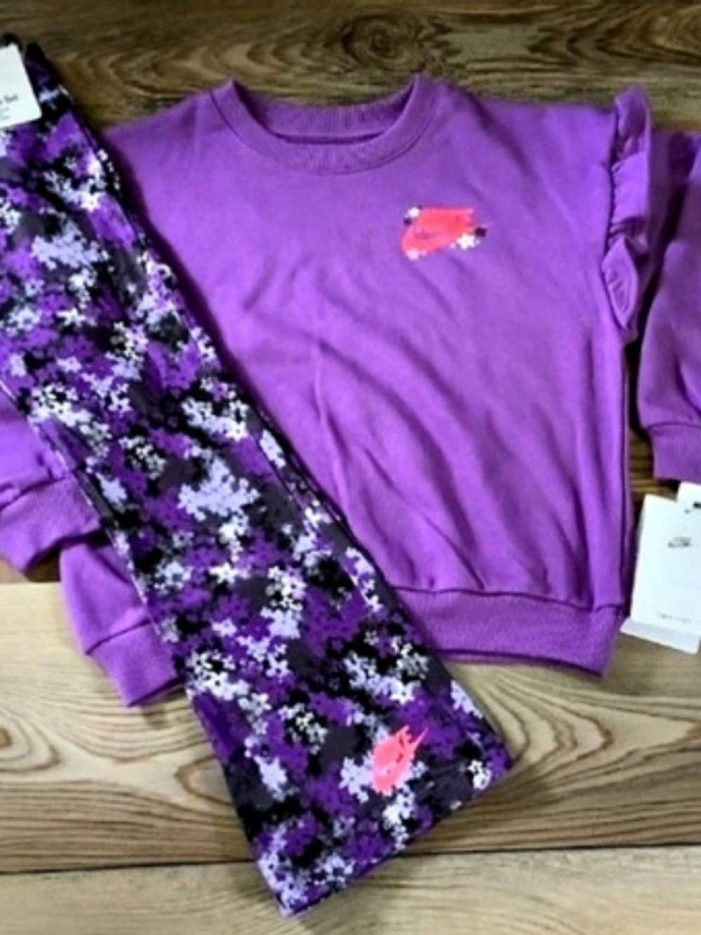 Nike Toddler Ruffle Crew & Flared Leggings Set Purple & Black Girls Size 5(NWT)